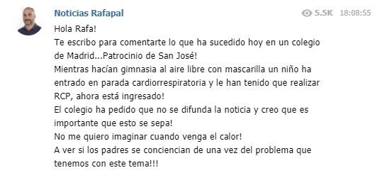 niño,parada cardiorespiratoria,colegio,Madrid,gimnasia,mascarilla