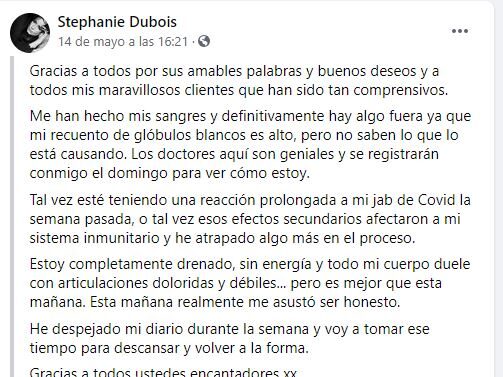 Clic para aumentar Relato Espantoso,muere,modelo artística,Stephanie Dubois,vacunarse,AstraZeneca