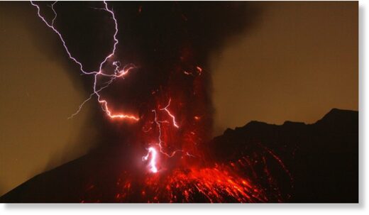 Lightning flashes and ash and lava spew as Sakurajima volcano erupts in Japan