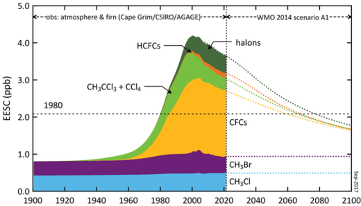 Past and predicted levels of controlled gases in the Antarctic atmosphere