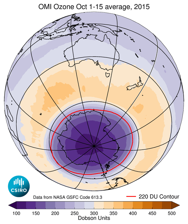 ozone concentrations over the southern hemisphere during October 1-15, 2015