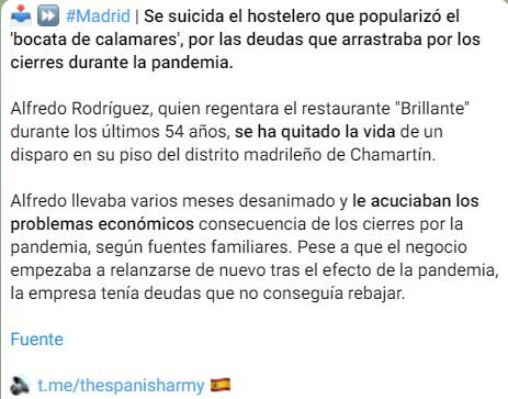suicida,dueño,bar “El Brillante” de Madrid,problemas económicos,medidas covid