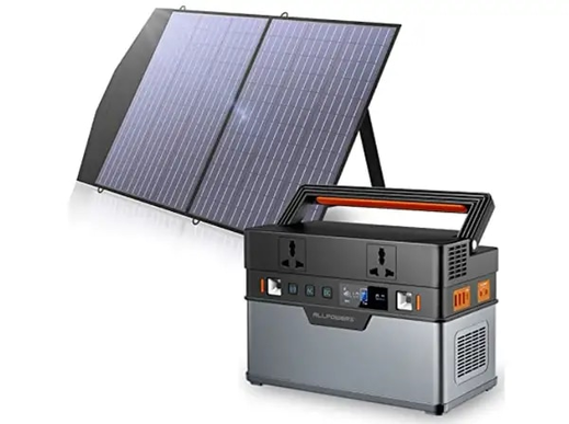 Generador eléctrico portátil que utiliza un panel solar plegable para alimentarse.