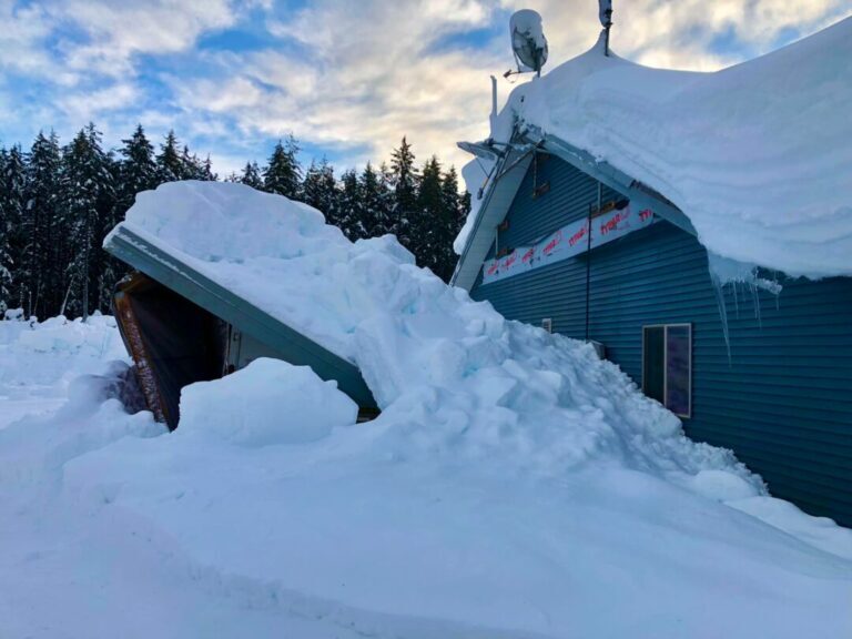 A collapsed car port at the Public Safety Building in Yakutat.