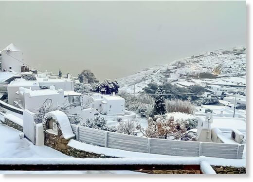 Mykonos on Sunday is covered in a thick layer of snow.