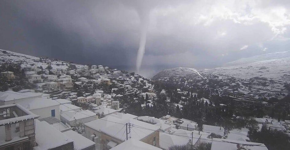A tornado is seen hitting the Greek island of Andros on Monday.