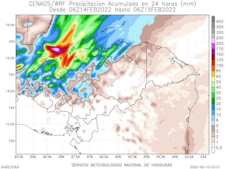 Rainfall in Honduras 14 to 15 February, 2022.