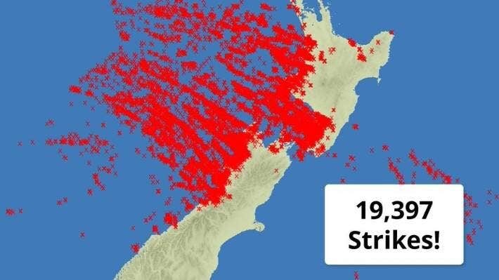 A MetService map showing the 19,397 lightning strikes.