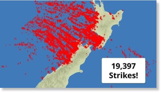 A MetService map showing the 19,397 lightning strikes.