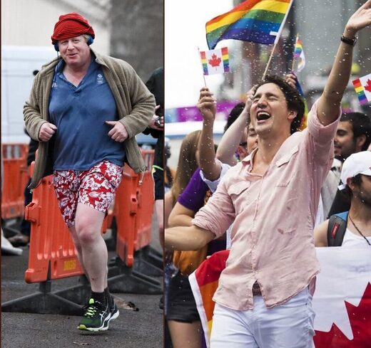 Boris Johnson haciendo deporte/ Justin Trudeau en el Orgullo Gay