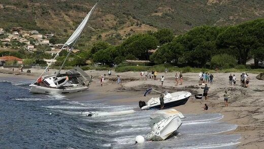 Boats were thrown onto the beach of Sagone in Coggia, Corsica