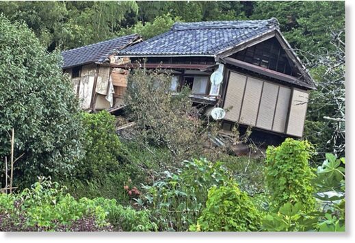 A house where a man died after being caught in a landslide, in Kakegawa, Shizuoka Prefecture, on Saturday.
