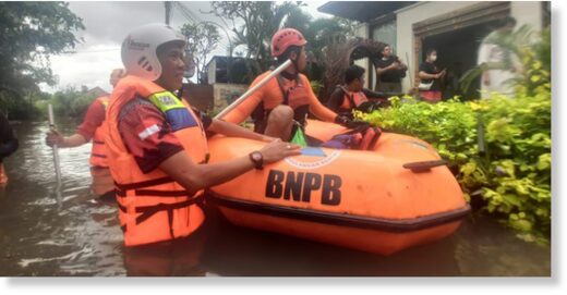 Flood evacuations and rescues in Seminyak, Bali,