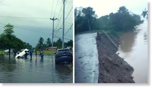 L-R: Flooding in South Trinidad; flooding in Marianne, North Coast, Trinidad.