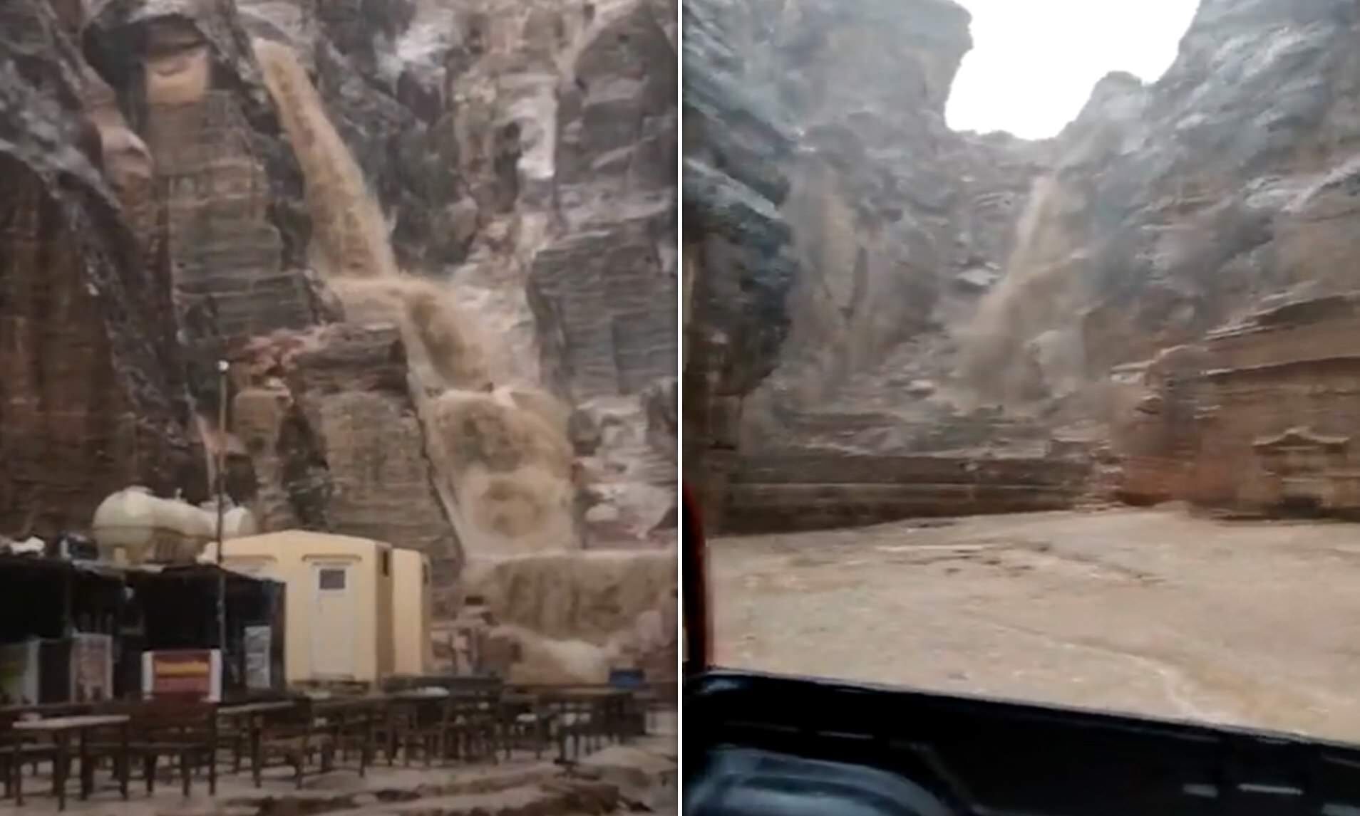 Footage from Jordan's most-visited tourist attraction 150 miles south of Jerusalem shows a river of water pouring into the gorge