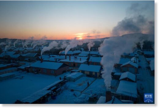 This aerial photo taken on Jan 8, 2023 shows an early morning view of Beiji village in Mohe, Northeast China's Heilongjiang province.