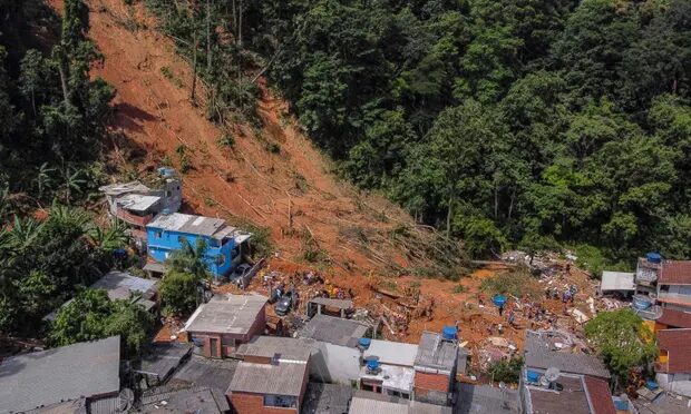 The destruction left by a landslide after torrential rain in the Barra do Sahy district of São Sebastiao, São Paulo state.