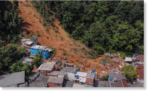 The destruction left by a landslide after torrential rain in the Barra do Sahy district of São Sebastiao, São Paulo state.