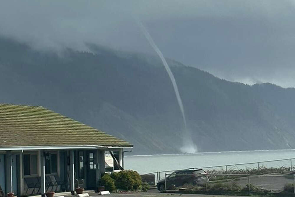 A waterspout seen in Shelter Cove, California. Feb. 27, 2023.