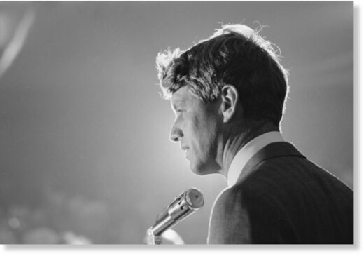 Sen. Robert F. Kennedy speaks at a rally during his 1968 presidential campaign