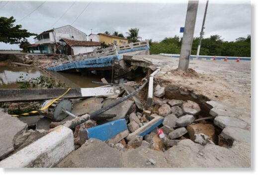 Damage after heavy rains and floods in Santa Cruz Cabrália, Bahia, Brazil, April 2023.