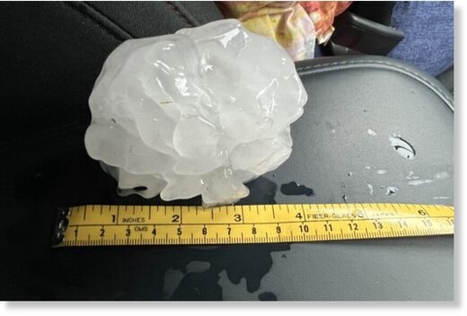 A hailstone four inches across that fell near Waco, Tex., on Wednesday.