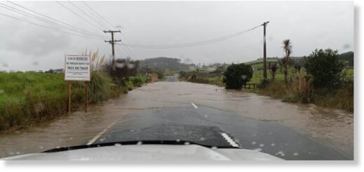 Flooded road in Northland, New Zealand, May 2023