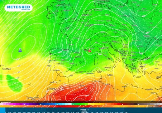 Clic para aumentar A unos 1500 metros, la semana comienza con la isoterma de 20 ºC en el sur peninsular, pero acabará con la de 5 ºC, o menos, en el norte.
