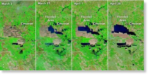 Nasa satellite images show the progression of flooding in the Tulare Lake basin.