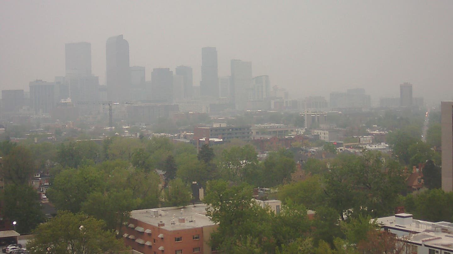 Wildfire smoke covers the Denver skyline on May 19, 2023.