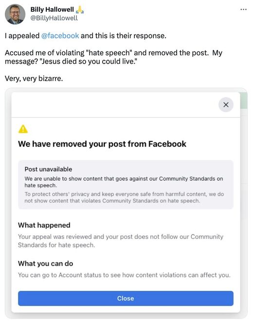 billy hallowell banned FB post
