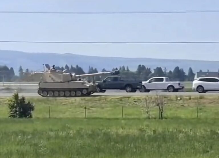 Tanks on highway, Great Falls, Idaho