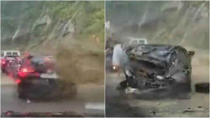 A video shows car getting crushed by boulder during a landslide in Nagaland.