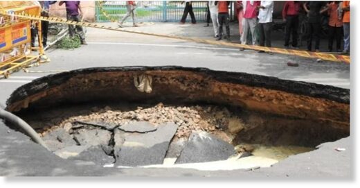 A large portion of a road in west Delhi’s Janakpuri has caved in