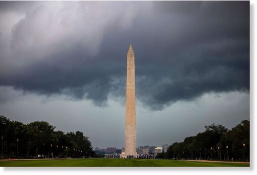 A summer derecho approaches the National Mall in Washington, DC, Aug. 7, 2023. For the first time in more than 10 years, the National Weather Service issued a rare 'Level 4' risk for severe storms across the DC region.