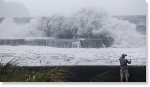 Huge waves in Yilan as Typhoon Haikui approaches eastern Taiwan on September 3, 2023.