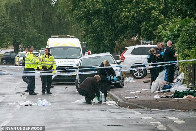The man was brutally mauled by two dogs outside a primary school in Stonnall, Staffordshire (emergency services are pictured after the attack)