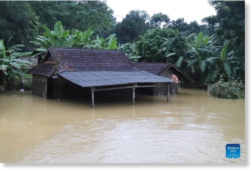 This photo taken on Sept. 27, 2023 shows a house in flood water in Vietnam's central Nghe An province
