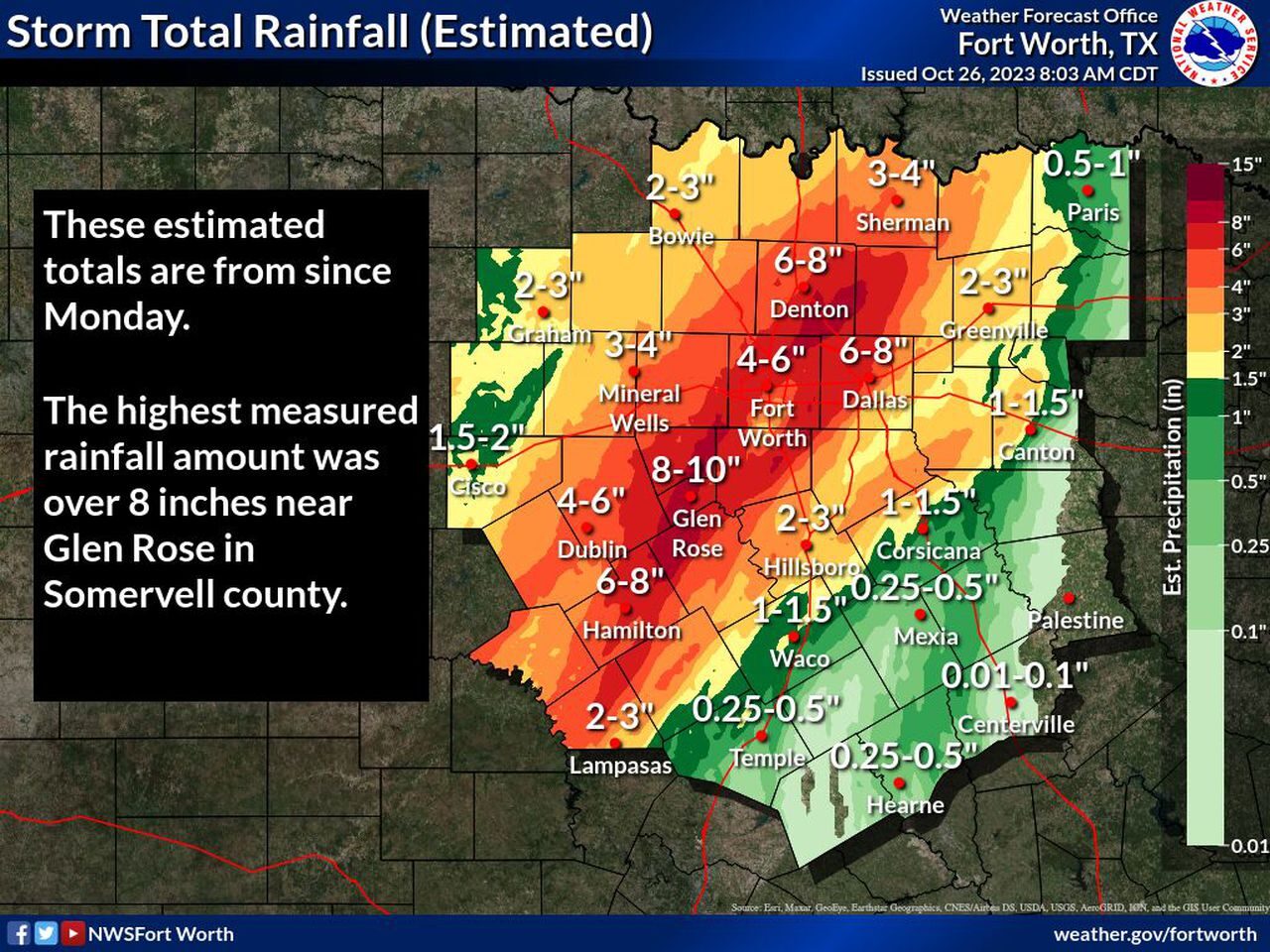This graphic from the National Weather Service shows how much rain fell in North Texas between Monday, Oct. 23, and Thursday, Oct. 26. Glen Rose was especially hard hit with over 8 inches of rain.