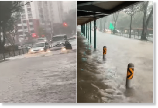 The water level in Boon Lay Avenue almost reached the height of the seats of a bus stop, with vehicles travelling slowly along that road.