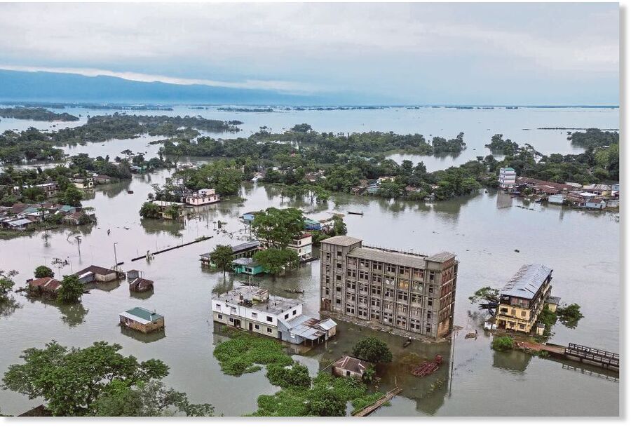 An aerial view shows flooded area in Companiganj of Sylhet district.
