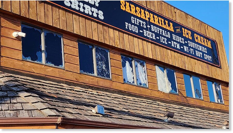 Here's a look at the damage after the storm outside Devils Tower Trading Post on Monday.