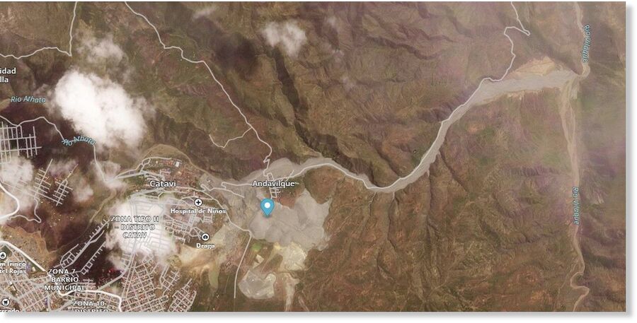 Clic para aumentar Satellite image of the aftermath of the 16 March 2025 tailings landslide at Andavilque in Bolivia. Image copyright Planet, used with permission.