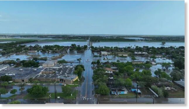 Streets are flooded after severe thunderstorms passed Primera, Texas on Friday, March 28, 2025.