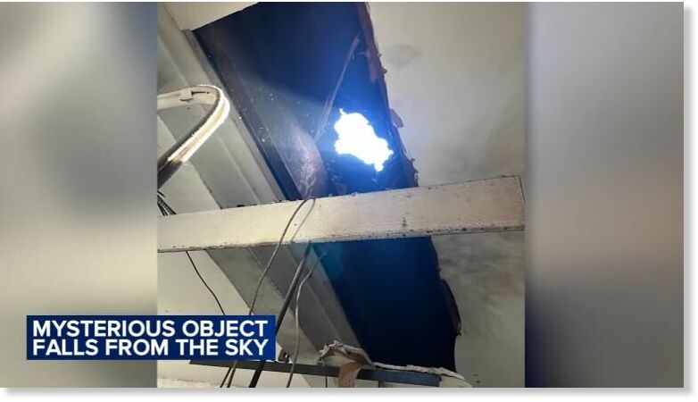 Clic para aumentar A New Jersey auto body shop owner was left stunned after a mystery object crashed through the roof of his business.
