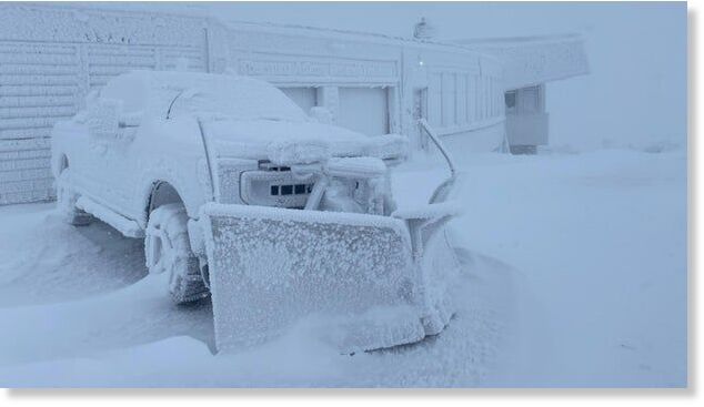A truck covered with ice and snow at the Mount Washington Observatory in New Hampshire on May 23, 2025.