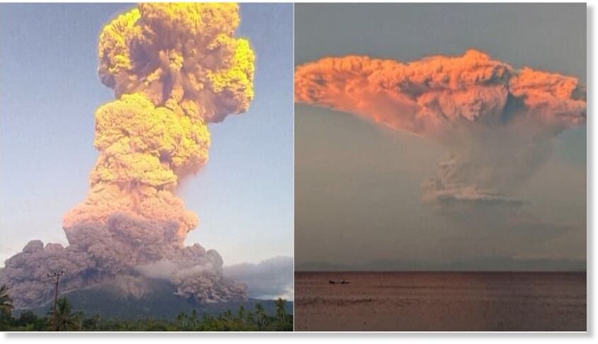 Views of an ash cloud billowing in the sky after Indonesia's Mount Lewotobi Laki-laki erupted on Jun 17, 2025.