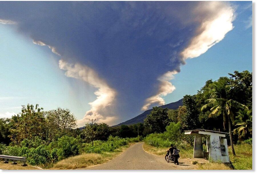 Mount Lewotobi Laki-laki erupts on Monday, as seen from Nangahale village, East Nusa Tenggara, Indonesia.