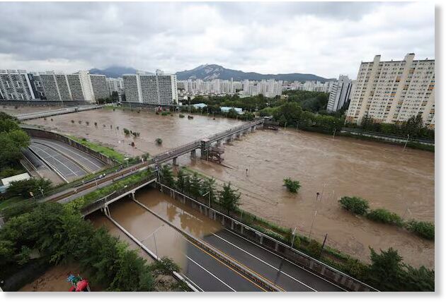 The Dongbu Expressway is submerged in water in Seoul, Aug. 13, 2025.