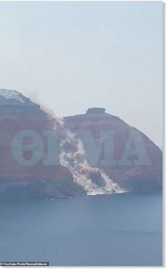 A huge section of land suddenly gave way in the clifftop village of Imerovigli on Sunday afternoon after intense construction activity made the ground unstable